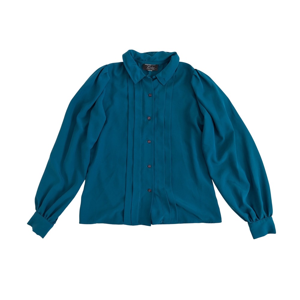 Sally Slater Pour Etc Teal Blue Pleated Front Puff Sleeve Blouse Vintage Canada